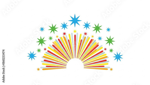 Vibrant colorful starburst design with red, yellow, green and blue star shapes on white background, festive and celebratory graphic element for decoration and design