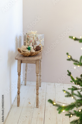 Festive decor on a room on Christmas Eve. New Year's concept