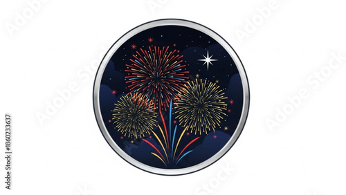 Vibrant colorful fireworks exploding in night sky with stars, festive celebration, joyful holiday, sparkling colorful lights, night time, festive atmosphere, round frame
