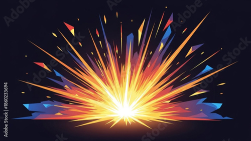 Vibrant colorful explosion of light and energy on dark background with dynamic rays and sparks flying outward