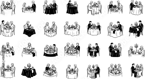 Black  White Line Art Illustration Set of Romantic Couples Dining at Restaurants, Celebrating Special Occasions, and Enjoying Elegant Hospitality Lifestyle Scenes - Hand-Drawn Vector Sketches.