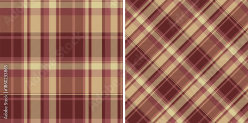 Two seamless tartan patterns in warm hues, evoking tradition and comfort. Ideal for backgrounds, textiles, or design projects seeking a classic yet cozy aesthetic.