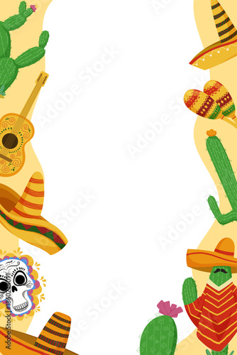 Mexican decorative frame with sombrero cactus guitar skull and maracas in colorful travel style