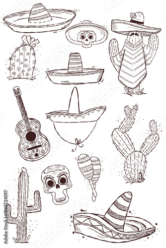 Mexican hand drawn set with sombrero cactus skull guitar and maracas in travel doodle style