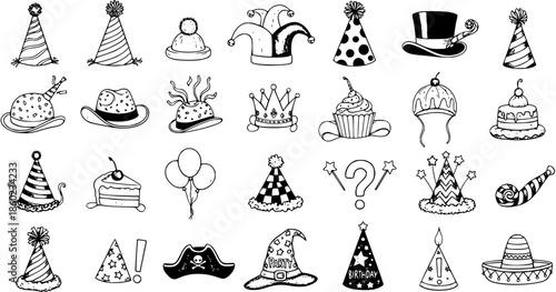 Celebration Party Supplies Black and White Line Art Icon Set. Hand-Drawn Doodle Collection of Birthday Hats, Cakes, Balloons, and Festive Elements for Events and Holidays.