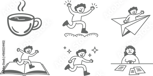 Hand drawn doodle people icons set black and white simple illustration daily activities learning creativity lifestyle concepts