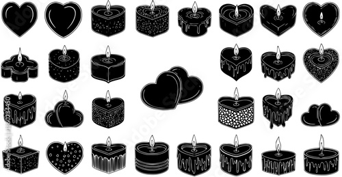 Romantic Heart Candles and Decorative Candle Glyph Icon Set in Black and White for Love, Valentine's Day, Celebrations, and Home Decor Design Elements