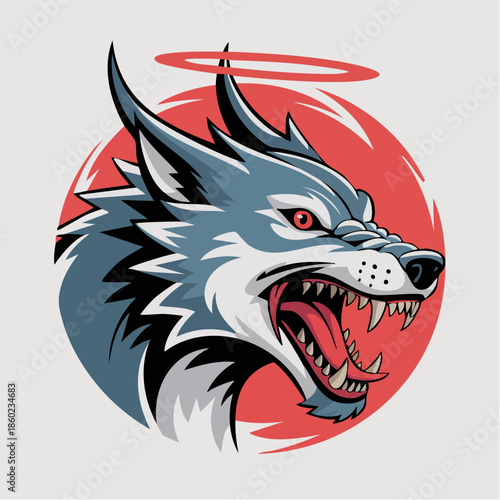Aggressive Wolf Head Illustration With Halo Emblem.