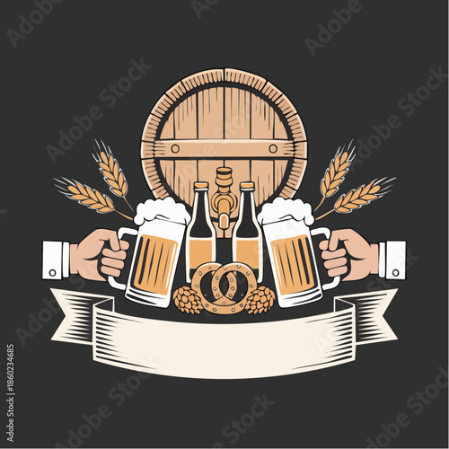 Beer celebration with mugs and barrel banner.