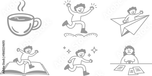 Hand drawn doodle people icons set black and white simple illustration daily activities learning creativity lifestyle concepts