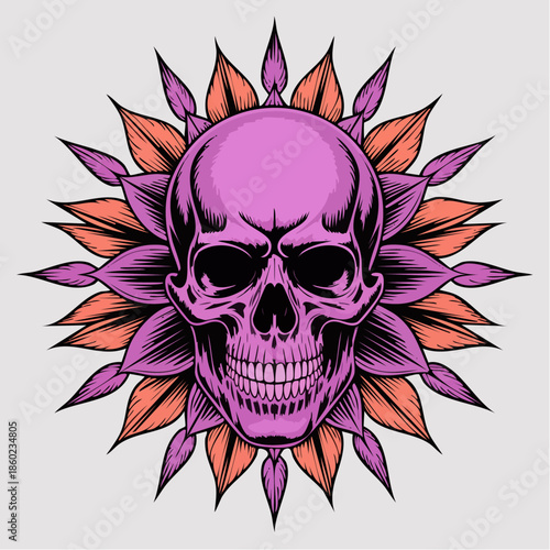 Purple Skull with Radiant Sunburst Illustration.