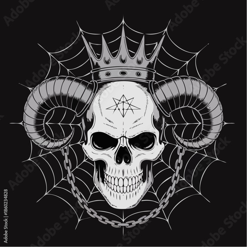 Royal Skull with Crown and Ram Horns Against Darkness.
