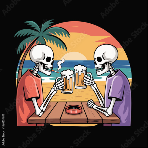 Skeletons Sharing Beer At Sunset Table.