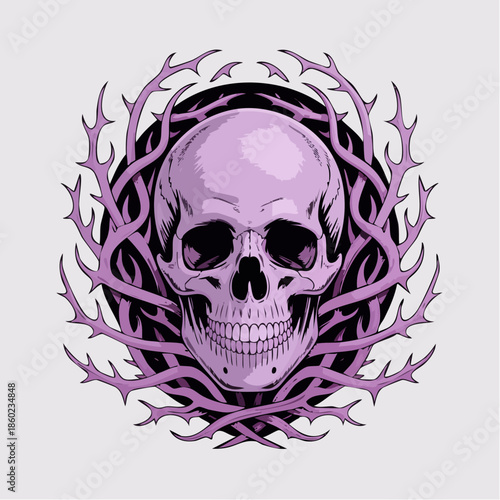 Skull surrounded by purple thorny wreath.