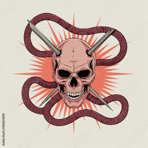 Skull with Serpentine Tentacles Artistic Illustration.