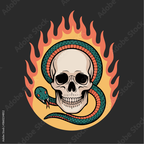 Skull with Snake Wrapped Around Flaming Halo.