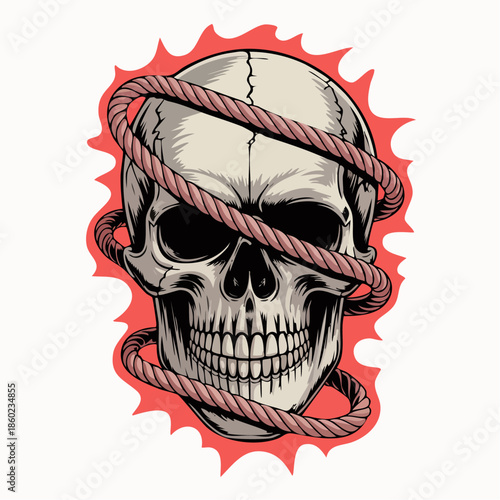 Skull wrapped with rope graphic illustration.
