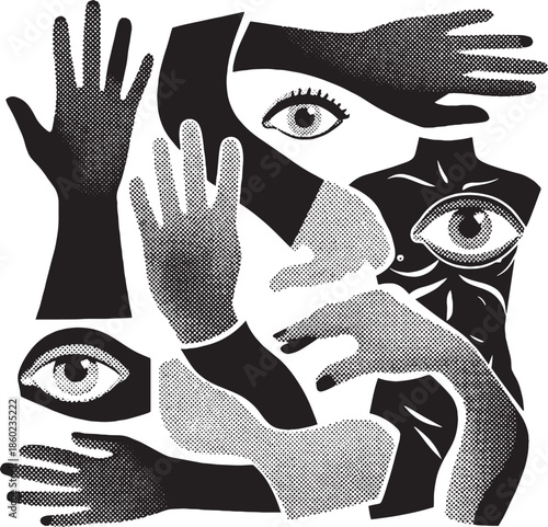 Black and white abstract composition of hands and eyes in halftone dot pattern body parts