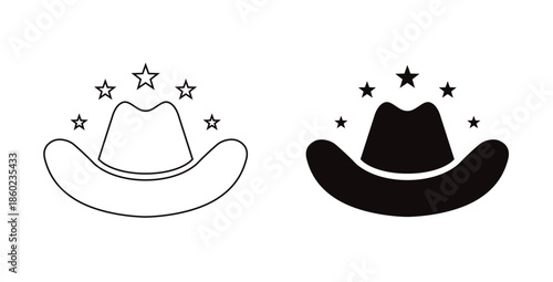 Western cowboy hat icon set with stars | Black silhouette and outline vector illustration of cattleman headwear | Cowboy hat icon isolated | Vector cowboy hat with western stars on white background 