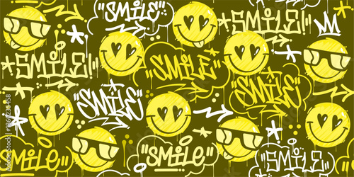 Seamless Abstract Street Art Graffiti Style Happy Smiling Faces Vector Background