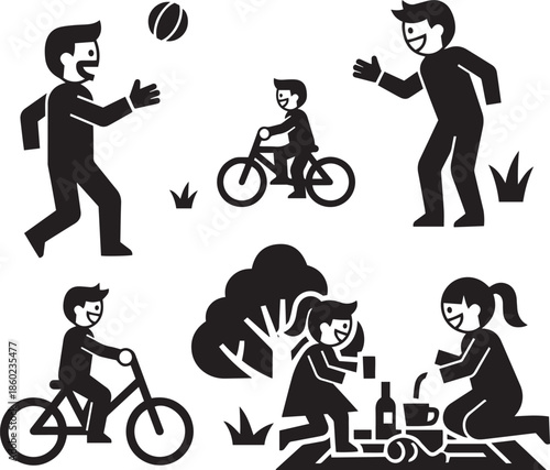 Black and white of people enjoying outdoor activities like cycling playing ball and picnicking activity