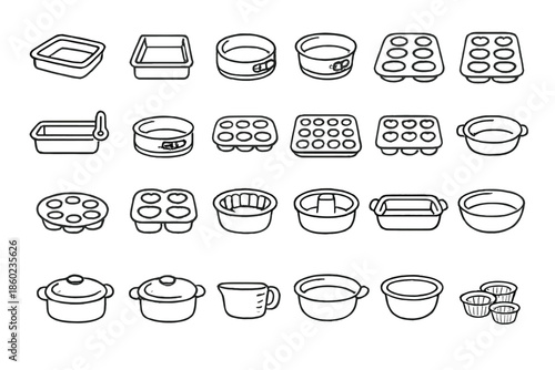 Collection of baking pans and cookware outline icons