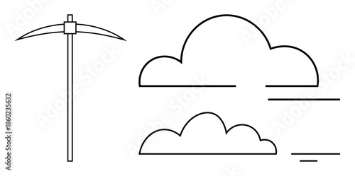 Mining concept. Minimalistic pickaxe and cloud elements mining and cloud computing. Mining as a metaphor for data acquisition and cloud storage. Perfect for digital, data, and business