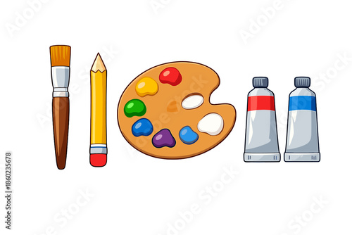 Art Supplies: Paintbrush, Pencil, Palette, and Paint Tubes