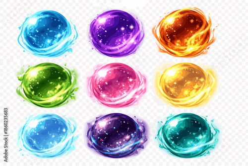 Collection of luminous magic orbs with swirling energy effects