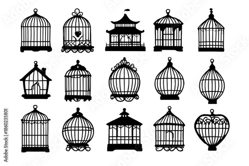 Collection of decorative bird cages on a dark background