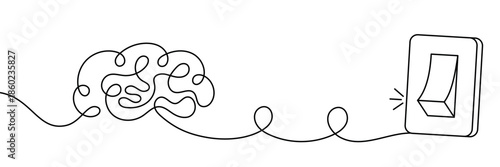 Human brain connected to light switch symbolizing thought control pause mindfulness mental reset focus management psychology therapy concept in black line art style