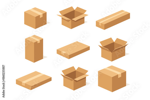 Set of isometric cardboard boxes on a textured background
