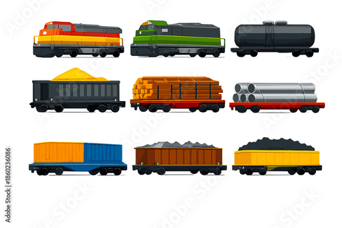 Collection of cartoon train cars with different cargo