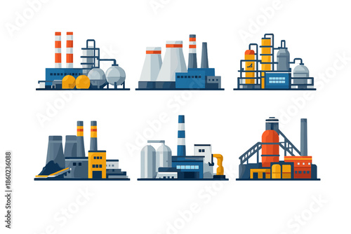 Set of industrial factory buildings with chimneys and tanks