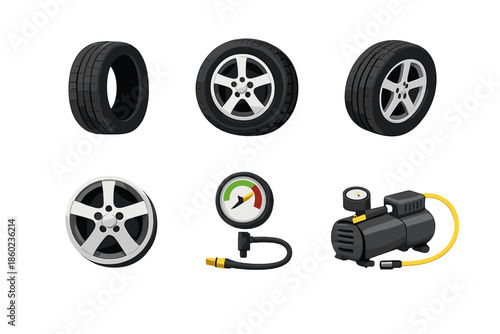 Car Tires, Wheel Rim, Tire Pressure Gauge, and Air Compressor