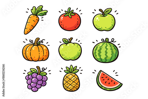 Collection of colorful cartoon fruits and vegetables