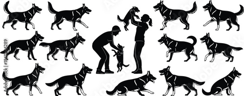 Black Silhouette Collection of German Shepherd Dogs in Various Poses with Trainers and Puppies for Pet Training and Animal Themes