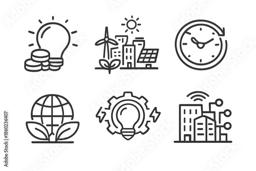 Set of 6 flat icons related to renewable energy and smart technology