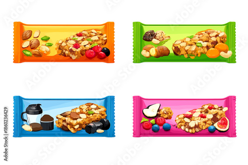 Four colorful wrappers with granola bars and ingredients