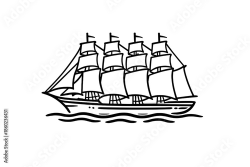 Silhouette of a Tall Ship with Four Masts
