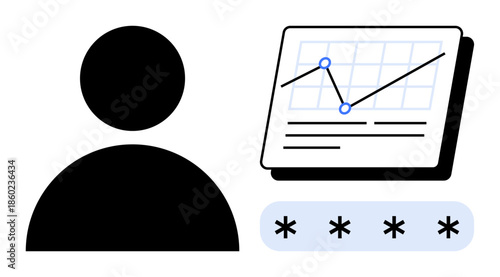 Person icon next to a chart with data points and password input field. Ideal for analytics, login, security, technology, digital insights, data management, account setup. Simple flat metaphor
