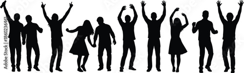 Silhouettes of joyful diverse people celebrating together in a row with raised arms at a party concert or festive event