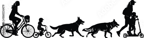 Black silhouettes of a family with children riding bikes and scooters while walking their dogs on a clean white background