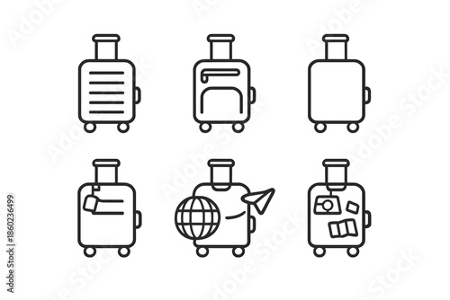 Set of six line art icons of suitcases on a grey background