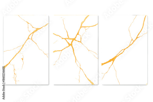 Three modern abstract canvases with white marble and gold veining