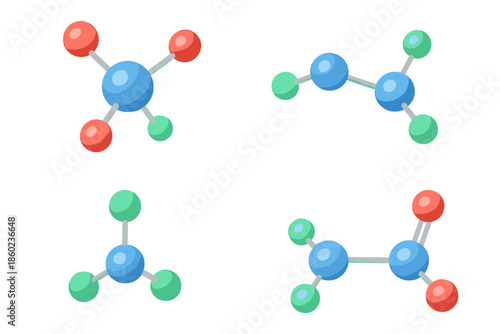 Molecular structures with glowing atoms on a dark background