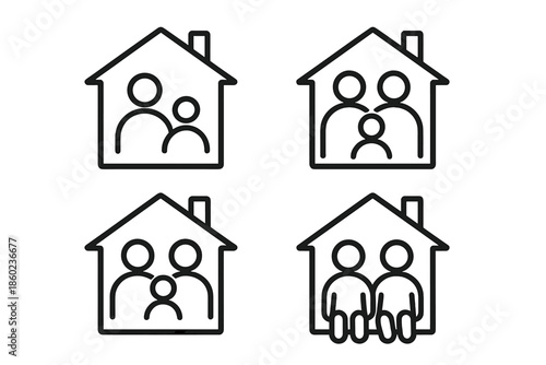 Family icons inside house outlines on a gradient background