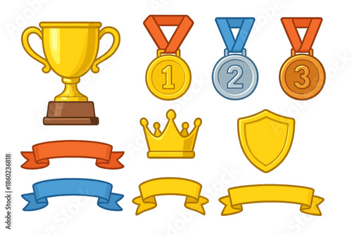 Collection of game reward icons including trophy, medals, crown, and shields.
