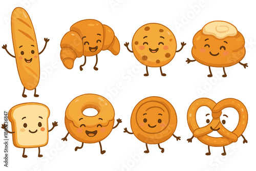 Cute Cartoon Baked Goods with Faces Waving