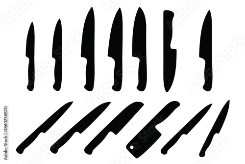 Array of Silhouetted Kitchen Knives on Dark Background